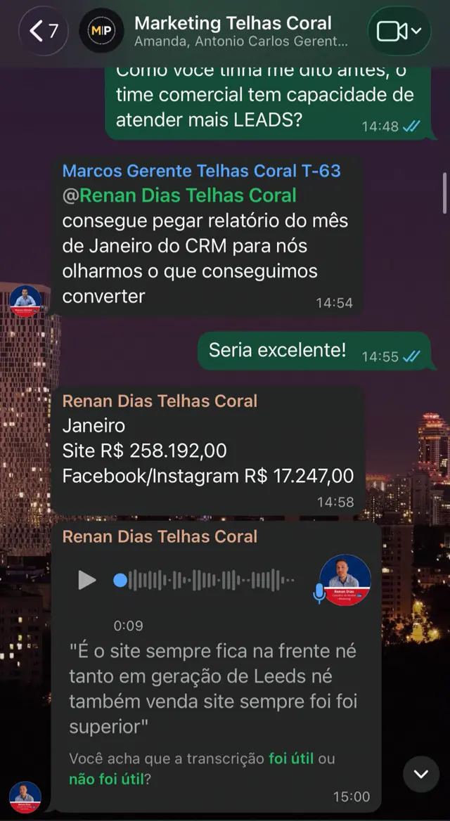 Conversa com o cliente Telhas Coral